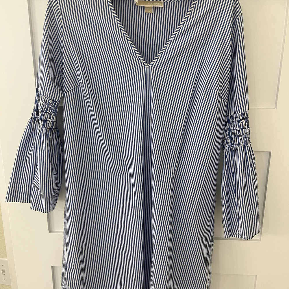 Michael Kors Blue and White Ruched Bell Sleeve Dress